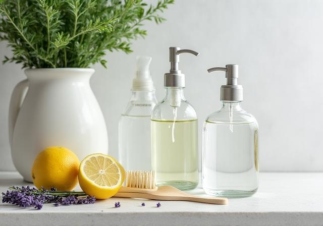 Productos de limpieza naturales en frascos de vidrio